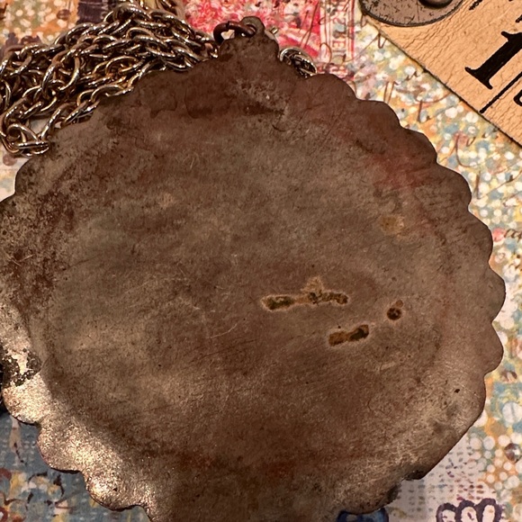 Vintage 1970s Turquoise Mosaic Pendant – Filigree Border, 2.75" Diam, Rope Chain - Picture 5 of 6